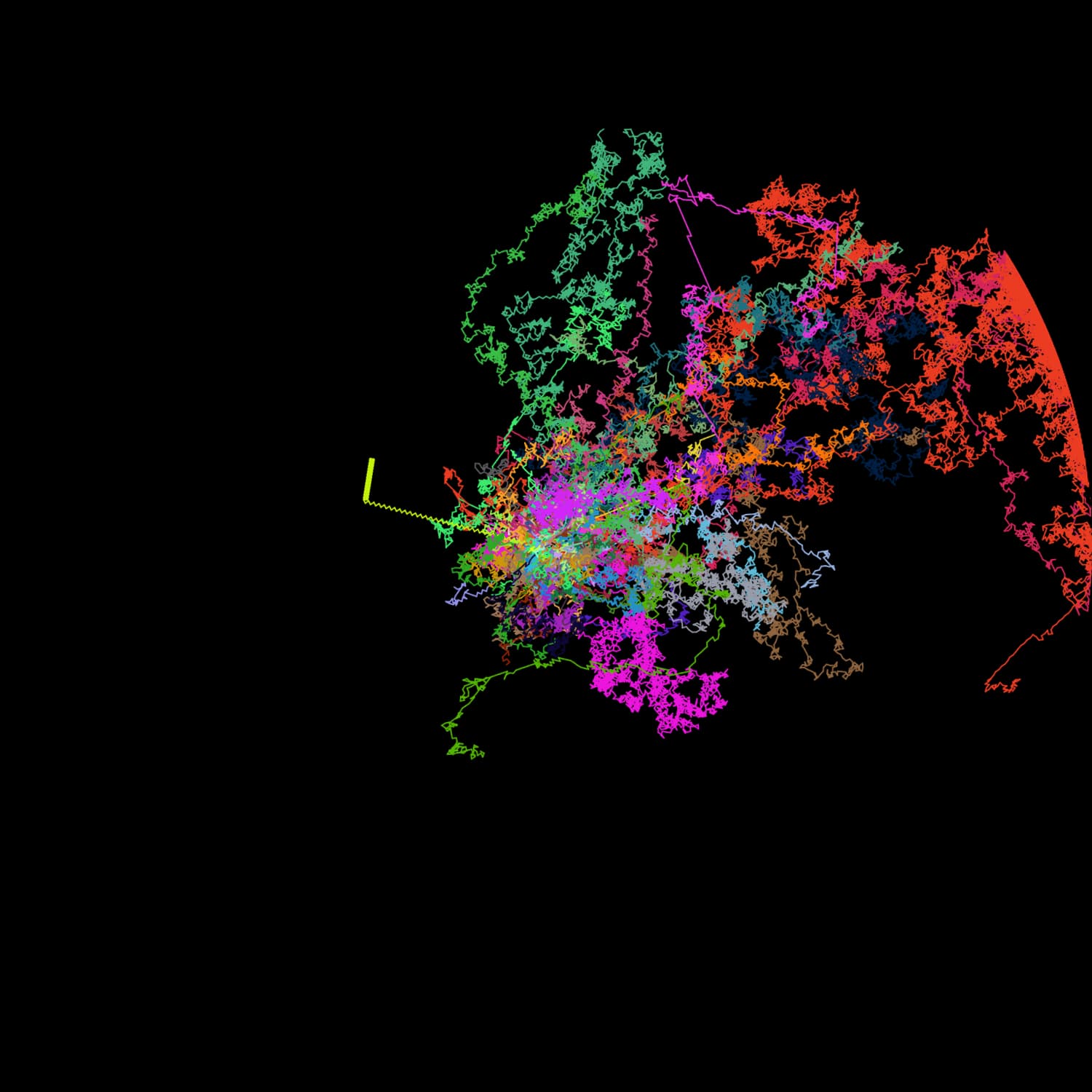 Composição abstrata de linhas coloridas gerada por código
